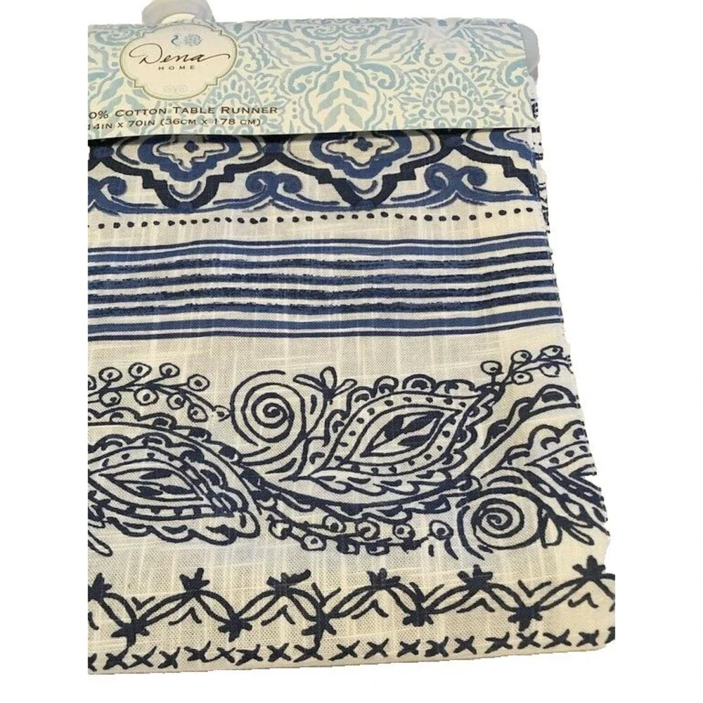 Dena Home Paisley Table Runner Reversible Navy Blue 100% Cotton 14X70